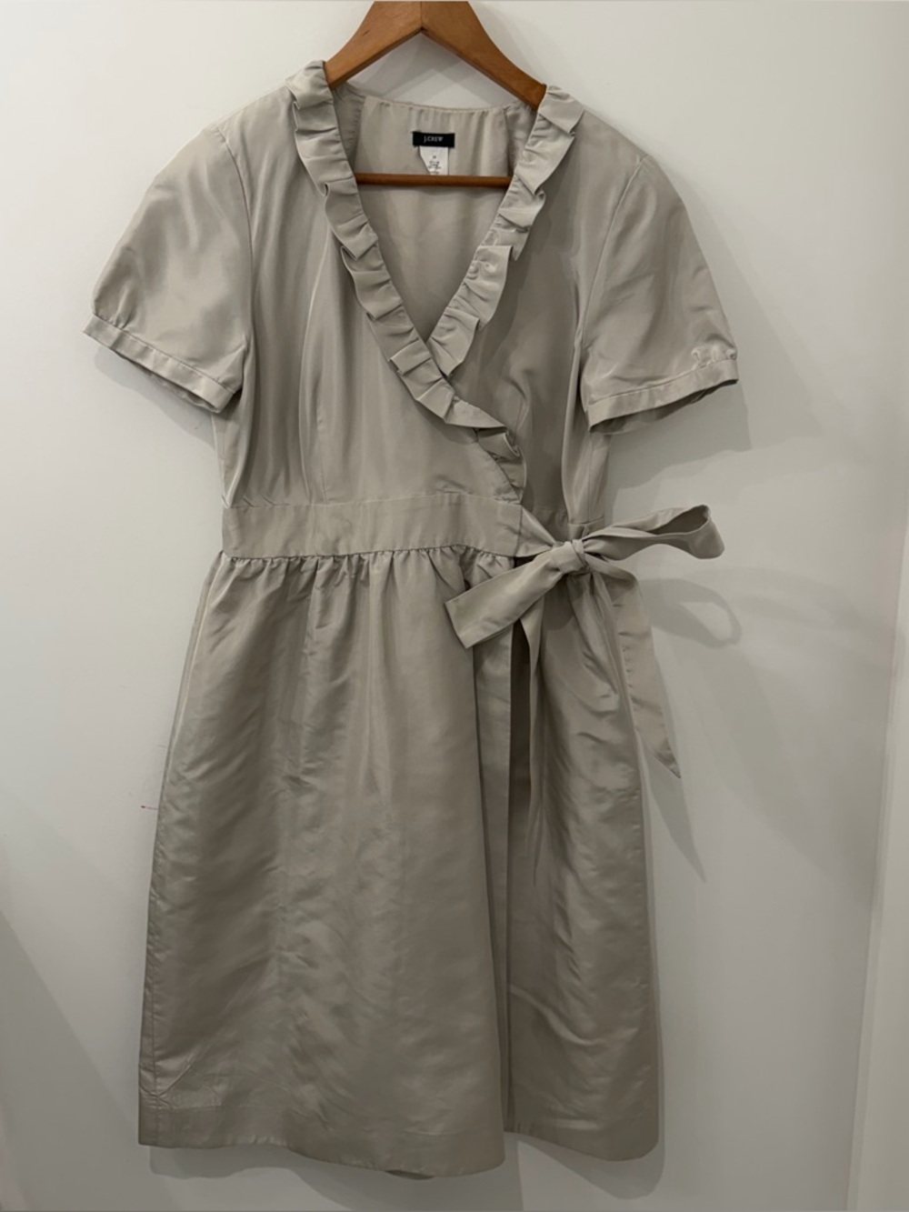 NWOT Vintage J.Crew Pure French Silk Taupe Ruffled Wrap Dress, Size 10